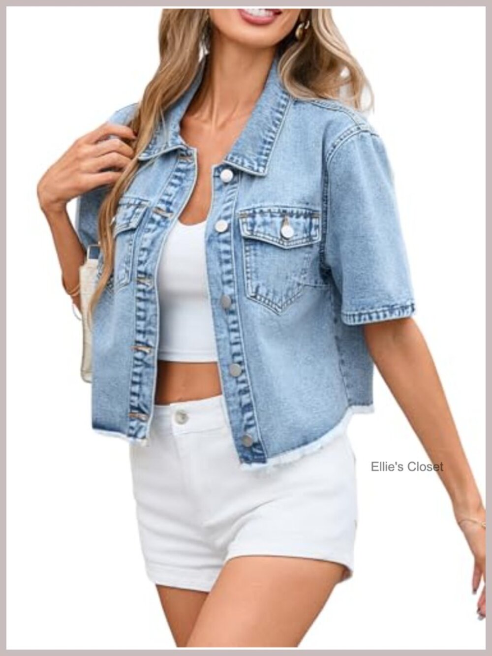 Cropped Denim Jacket Women Short Sleeve Frayed Hem Casual Summer Jean Coat